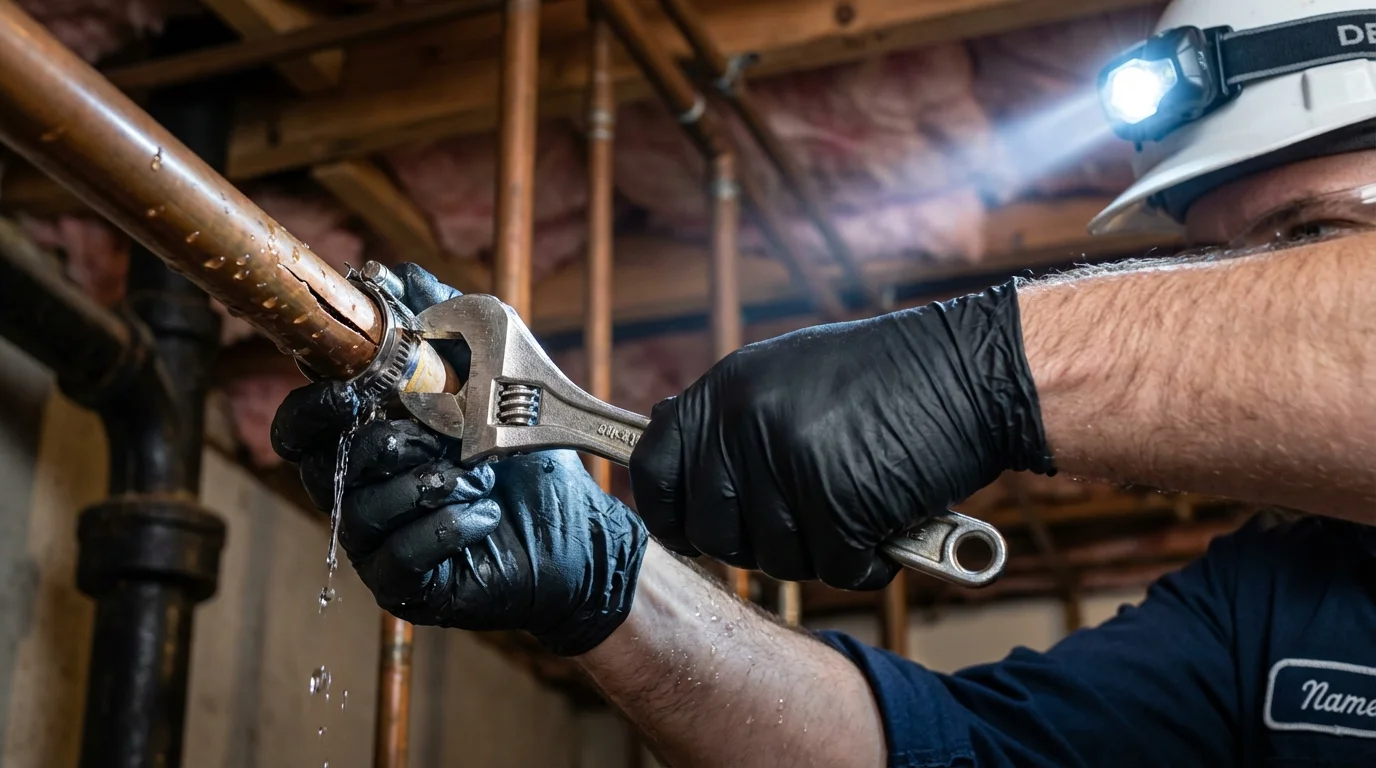 Emergency pipe clamp repair being performed by a Johns Plumbing LLC plumber in Paulding