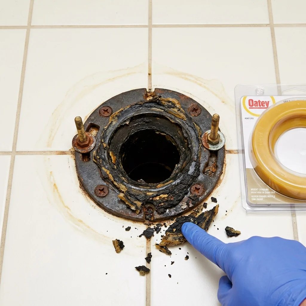 Failed wax ring showing water seepage at the base of a toilet in a Paulding, OH home